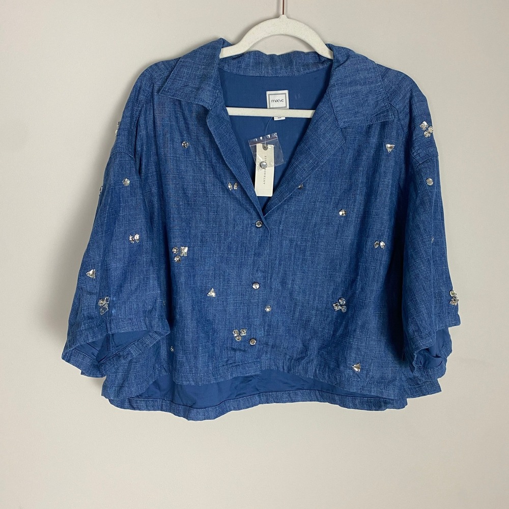 Maeve Anthropologie Embellished Chambray Top Womens Large Rhinestones Glam Chic